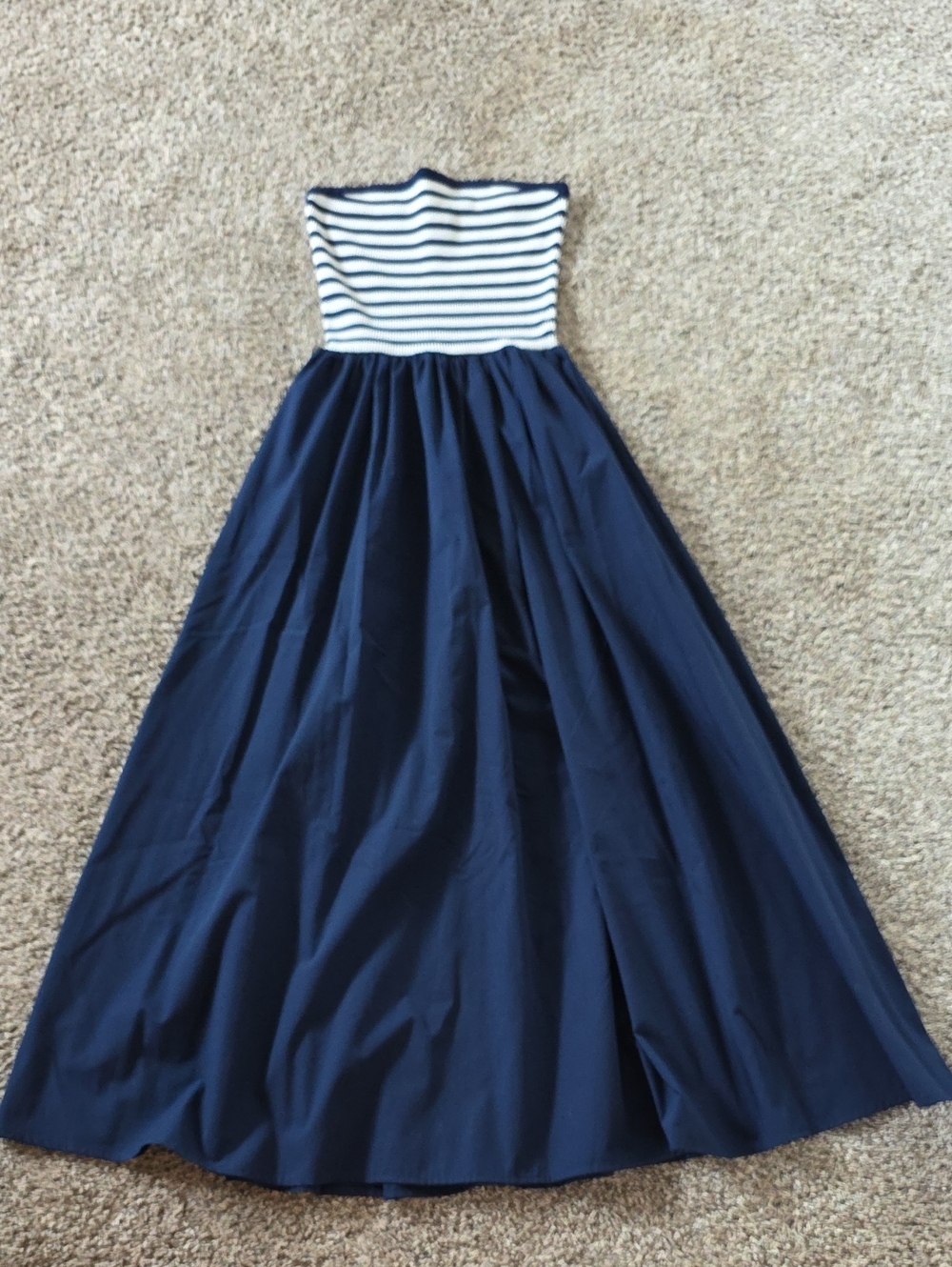 Blu Pepper Navy and White Striped Strapless Maxi Dress
